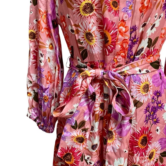 Rachel Parcell Pink Floral Shirt Dress Belted Tiered Ruffle Hem Long Sleeve 6 - Picture 6 of 16